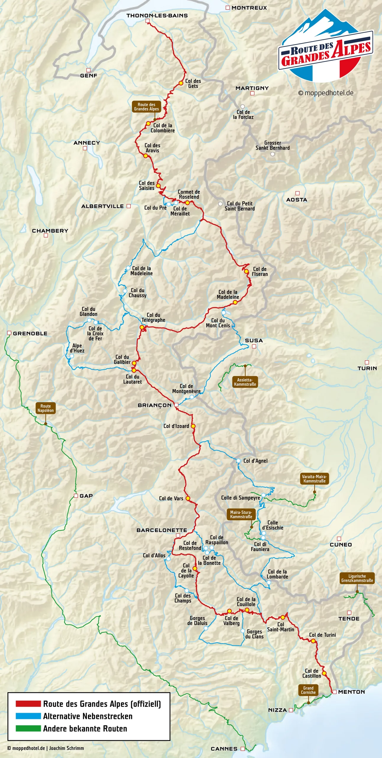 Karte der Route des Grandes Alpes mit alternativen Nebenstrecken