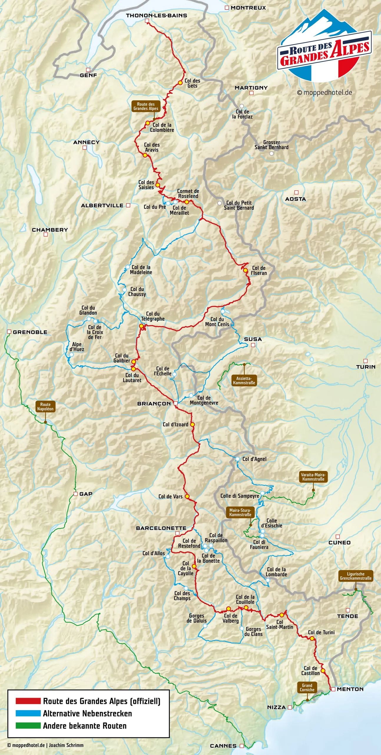 Karte der Route des Grandes Alpes mit alternativen Nebenstrecken